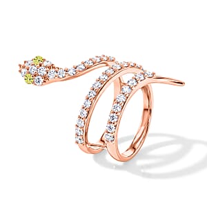 Simulated Green and White Diamond Snake Ring in 14K Rose Gold Over Sterling Silver (Size 7.0)