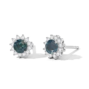 D'Joy Montana Sapphire and White Zircon 1.50 ctw Stud Earrings in Rhodium Over Sterling Silver