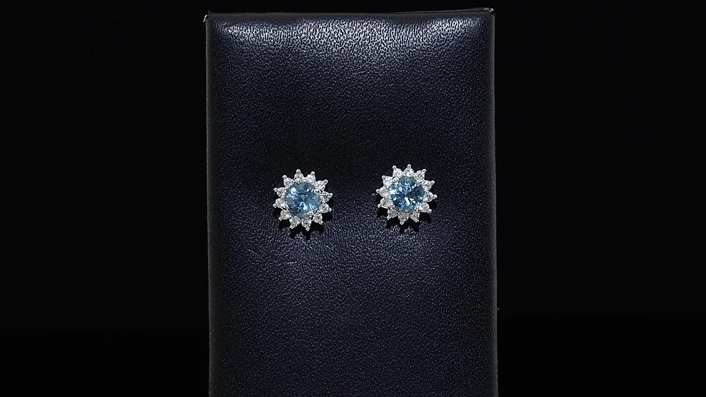 D'Joy Montana Sapphire, White Zircon Stud Earrings in Rhodium Over Sterling Silver 1.50 ctw