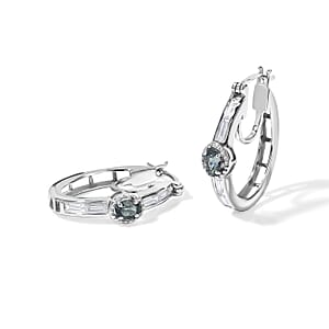 D'Joy Montana Sapphire and Moissanite 1.50 ctw Hoop Earrings in Rhodium Over Sterling Silver
