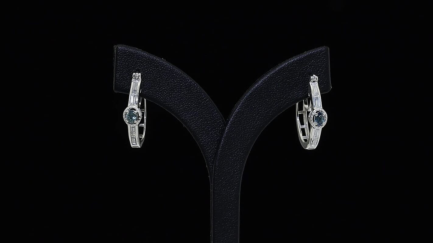 D'Joy Montana Sapphire, Moissanite Hoop Earrings in Rhodium Over Sterling Silver 1.50 ctw