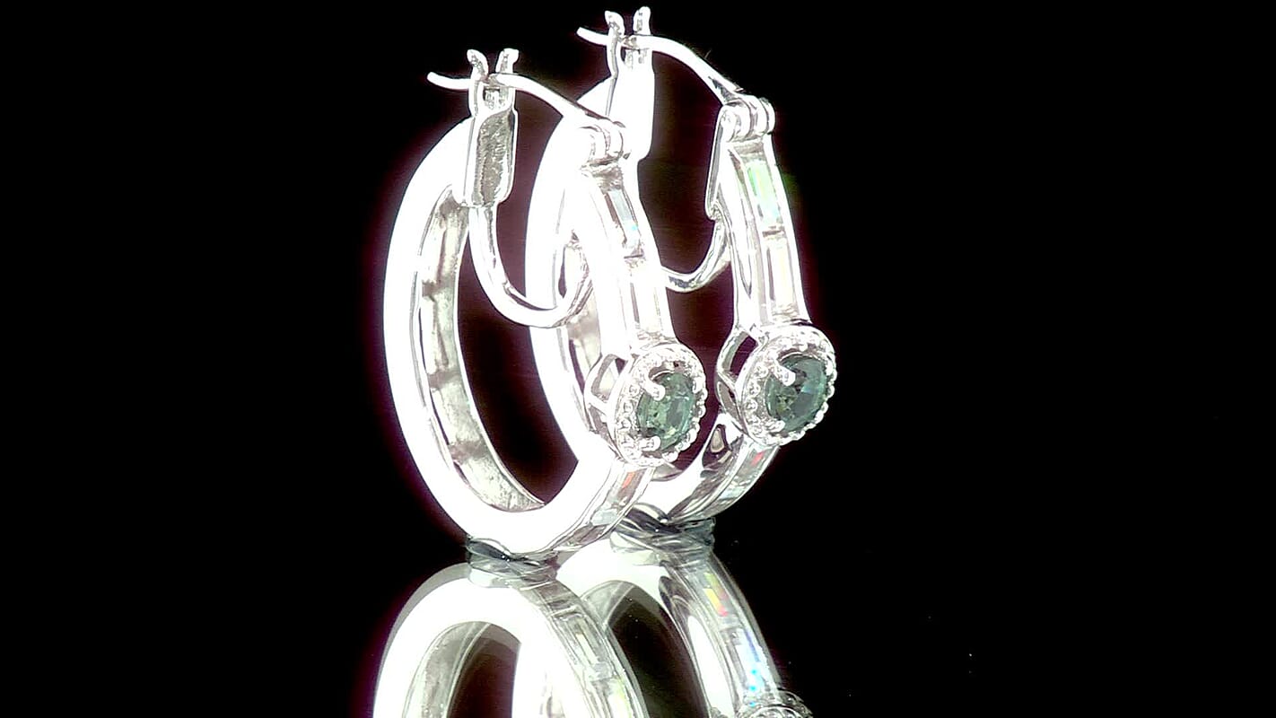 D'Joy Montana Sapphire, Moissanite Hoop Earrings in Rhodium Over Sterling Silver 1.50 ctw