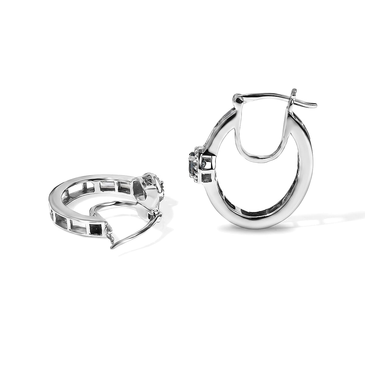 D'Joy Montana Sapphire and Moissanite 1.50 ctw Hoop Earrings in Rhodium Over Sterling Silver image number 1