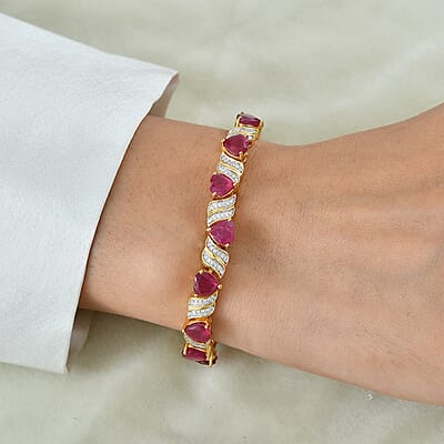 D'Joy Premium Niassa Ruby (FF) and Moissanite 15.65 ctw Passion Wave Bracelet in 18K Vermeil YG Over Sterling Silver (6.50 In)
