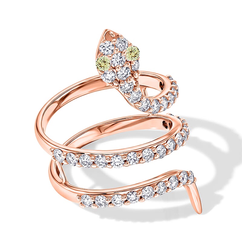 Simulated Green and White Diamond Snake Ring in 14K Rose Gold Over Sterling Silver (Size 7.5)