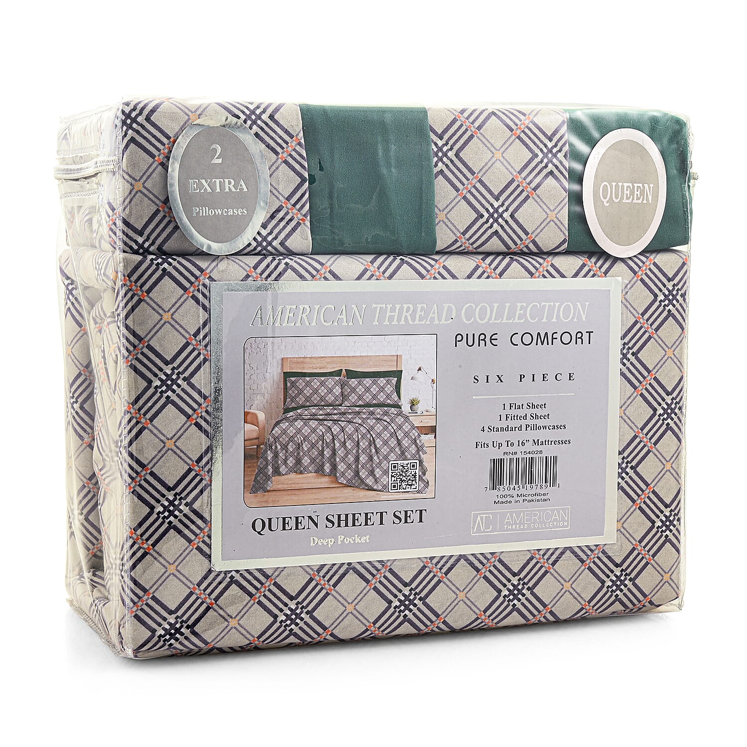 American Thread Collection 6pc Forest Green Plaid Microfiber Sheet Set -Full