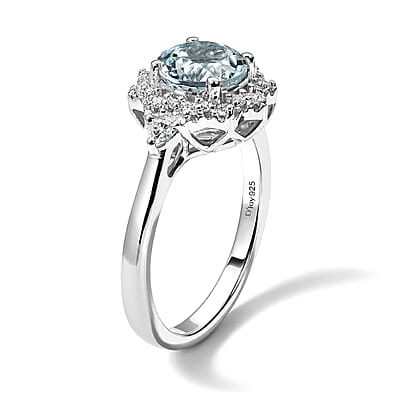 D'Joy Premium Santa Maria Aquamarine, Moissanite Ring in Rhodium Over Sterling Silver (Size 5.0) 1.50 ctw