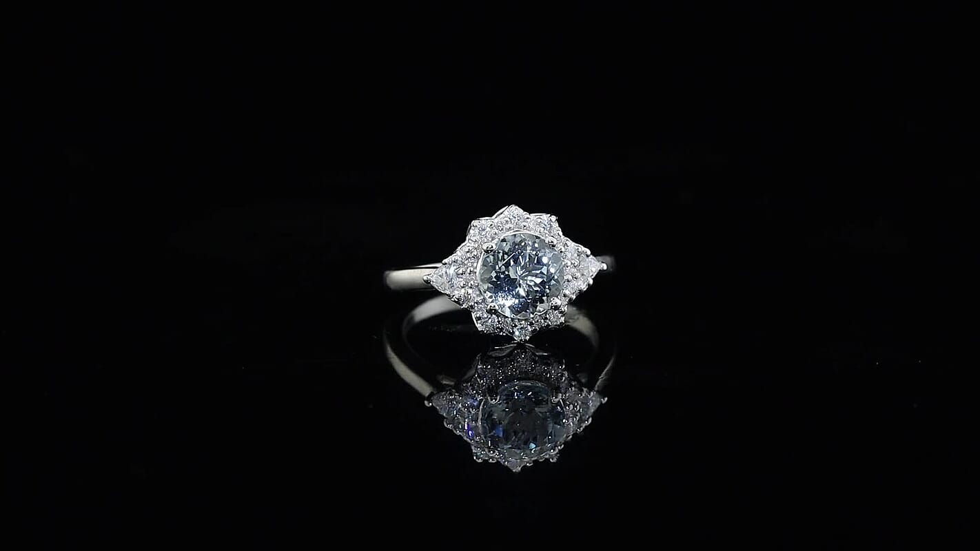 D'Joy Premium Santa Maria Aquamarine, Moissanite Ring in Rhodium Over Sterling Silver (Size 10.0) 1.50 ctw