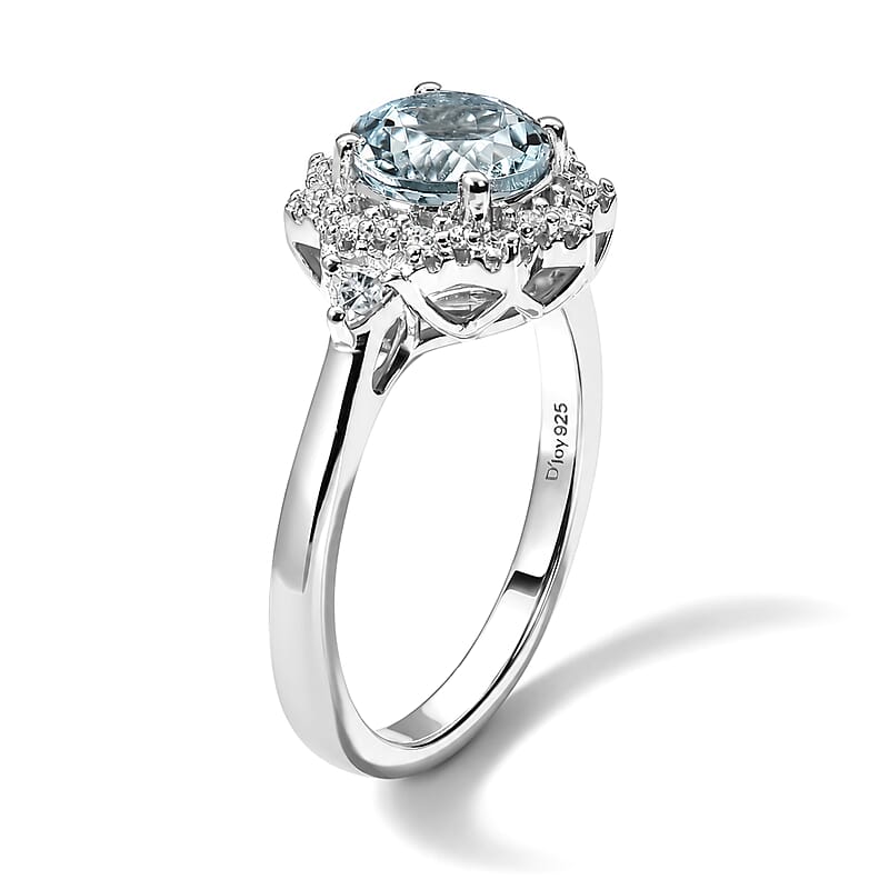 D'Joy Premium Santa Maria Aquamarine and Moissanite 1.50 ctw Ring in Rhodium Over Sterling Silver (Size 6.0)