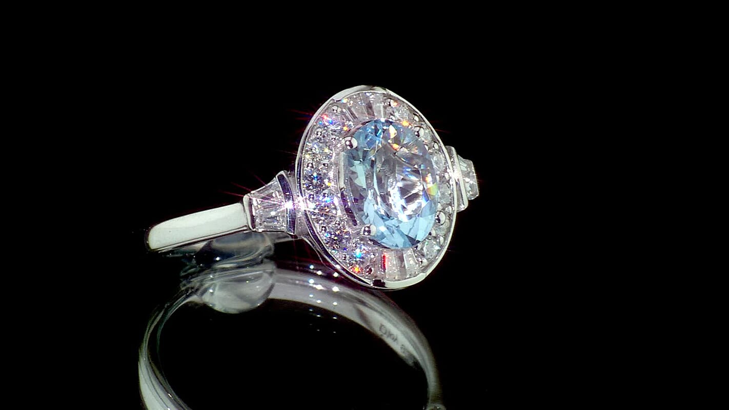 D''Joy Premium Mangoro Aquamarine, Moissanite Ring in Rhodium Over Sterling Silver (Size 10.0) 1.60 ctw