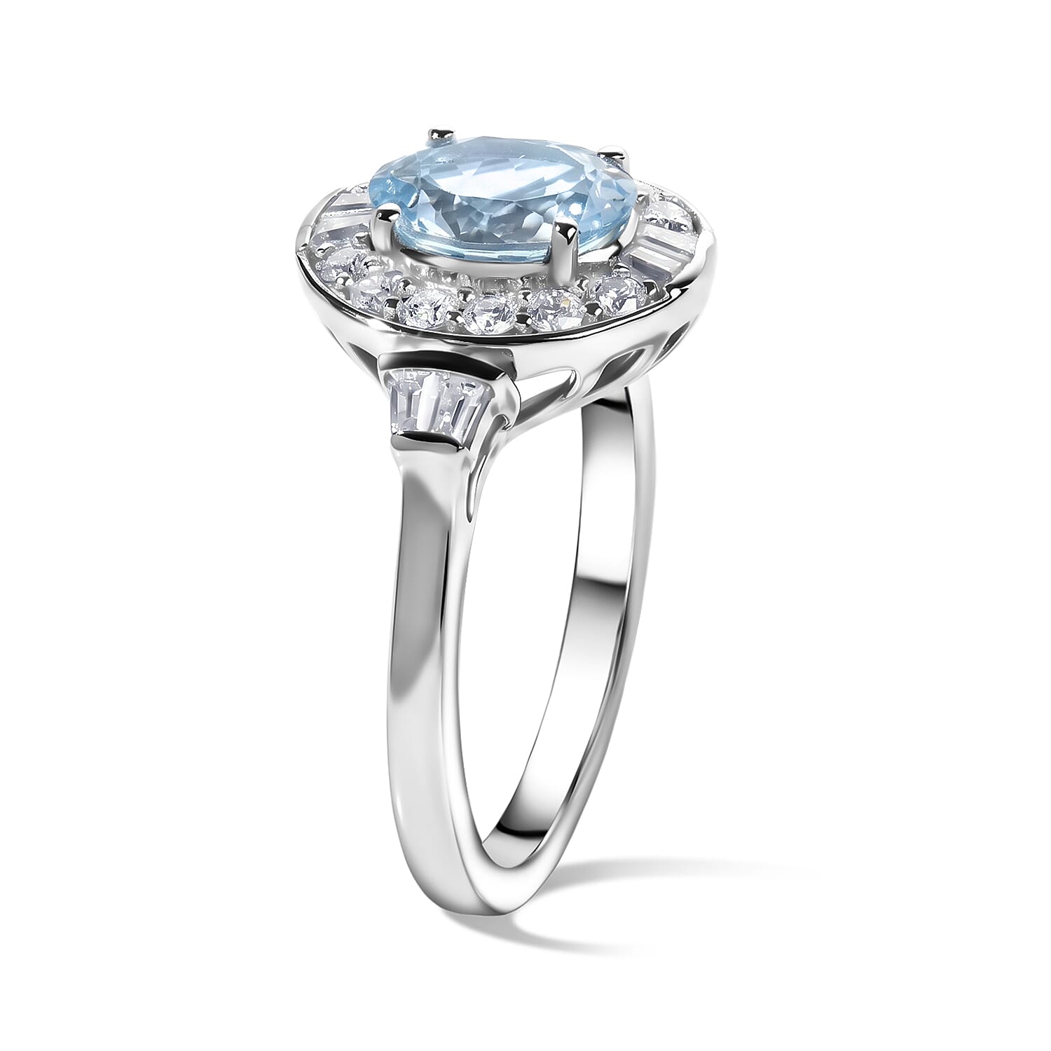 D'Joy Premium Mangoro Aquamarine and Moissanite 1.60 ctw Ring in Rhodium Over Sterling Silver (Size 6.0)