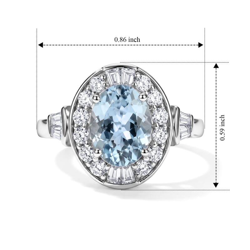 D'Joy Premium Mangoro Aquamarine and Moissanite 1.60 ctw Ring in Rhodium Over Sterling Silver (Size 6.0)