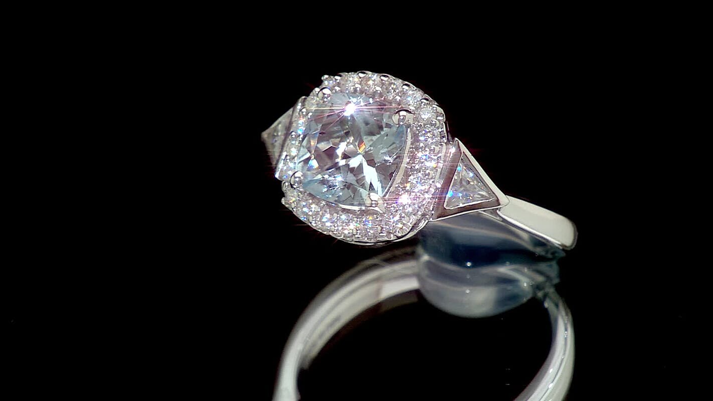 D''Joy Santa Maria Aquamarine, Moissanite Ring in Rhodium Over Sterling Silver (Size 7.0) 1.80 ctw