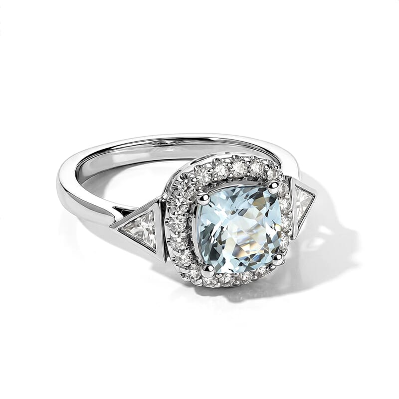D'Joy Premium Santa Maria Aquamarine and Moissanite 1.80 ctw Ring in Rhodium Over Sterling Silver (Size 6.0)