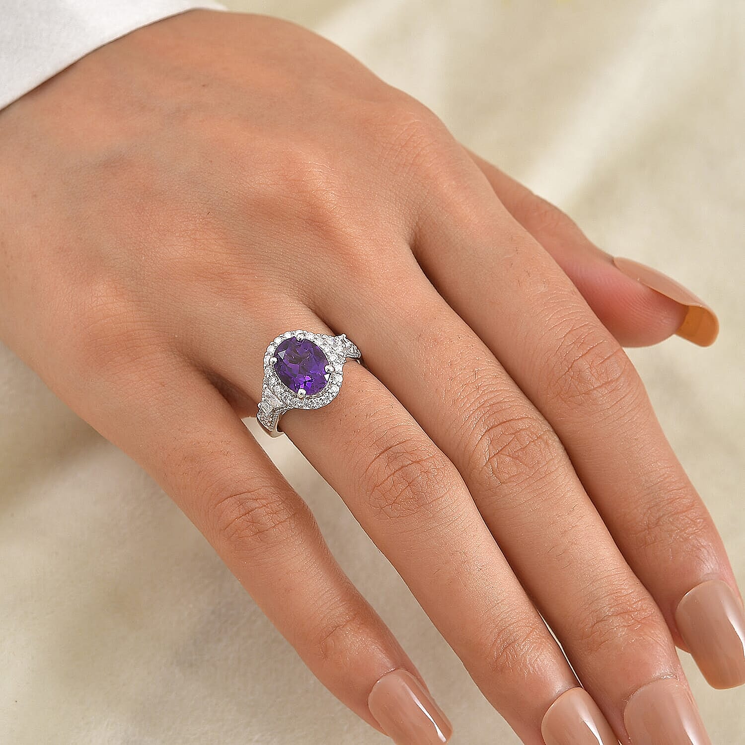 D'Joy Premium Zambian Amethyst, Moissanite Ring in Rhodium Over Sterling Silver (Size 5.0) 3.10 ctw