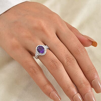 D'Joy Premium Zambian Amethyst, Moissanite Ring in Rhodium Over Sterling Silver (Size 5.0) 3.10 ctw