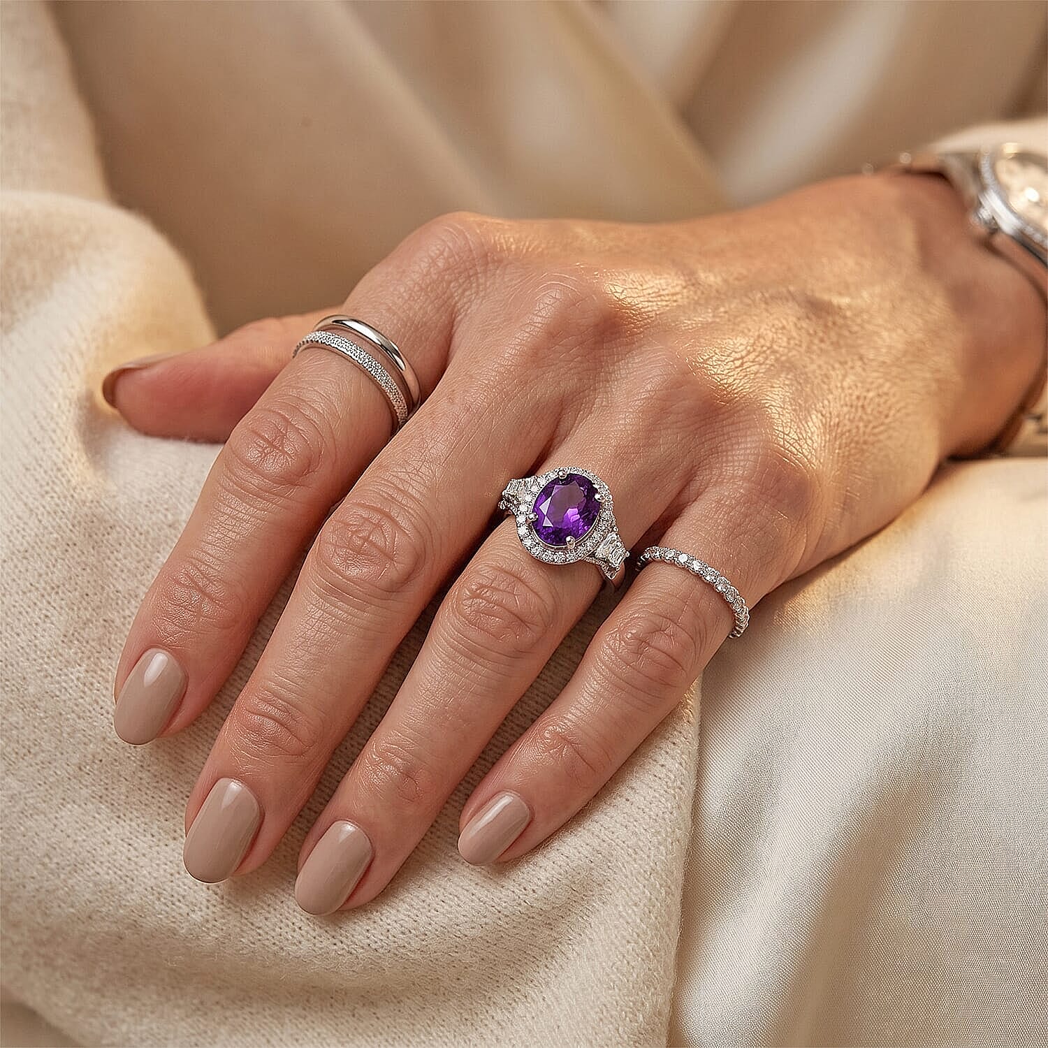 D'Joy Premium Zambian Amethyst, Moissanite Ring in Rhodium Over Sterling Silver (Size 5.0) 3.10 ctw