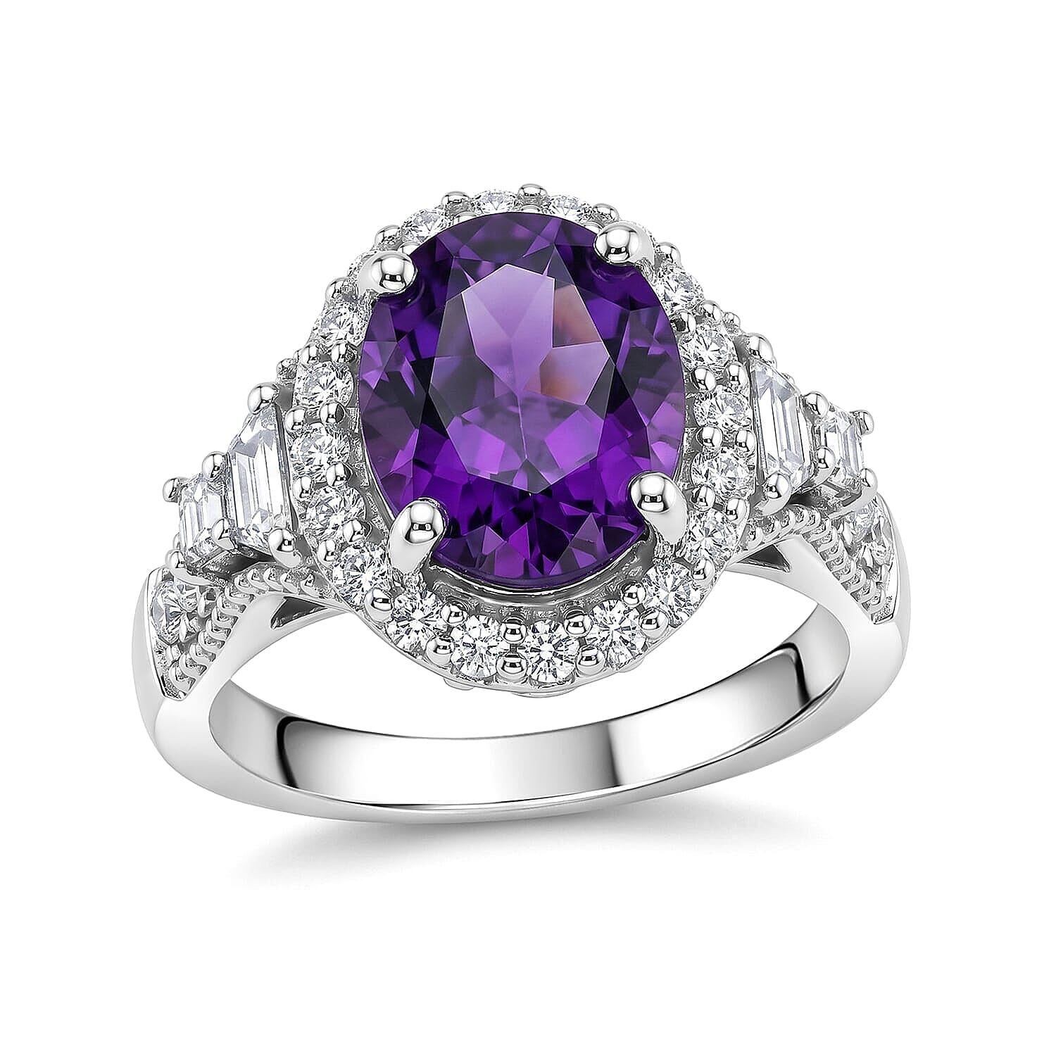D'Joy Premium Zambian Amethyst, Moissanite Ring in Rhodium Over Sterling Silver (Size 5.0) 3.10 ctw