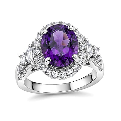 D'Joy Premium Zambian Amethyst, Moissanite Ring in Rhodium Over Sterling Silver (Size 5.0) 3.10 ctw