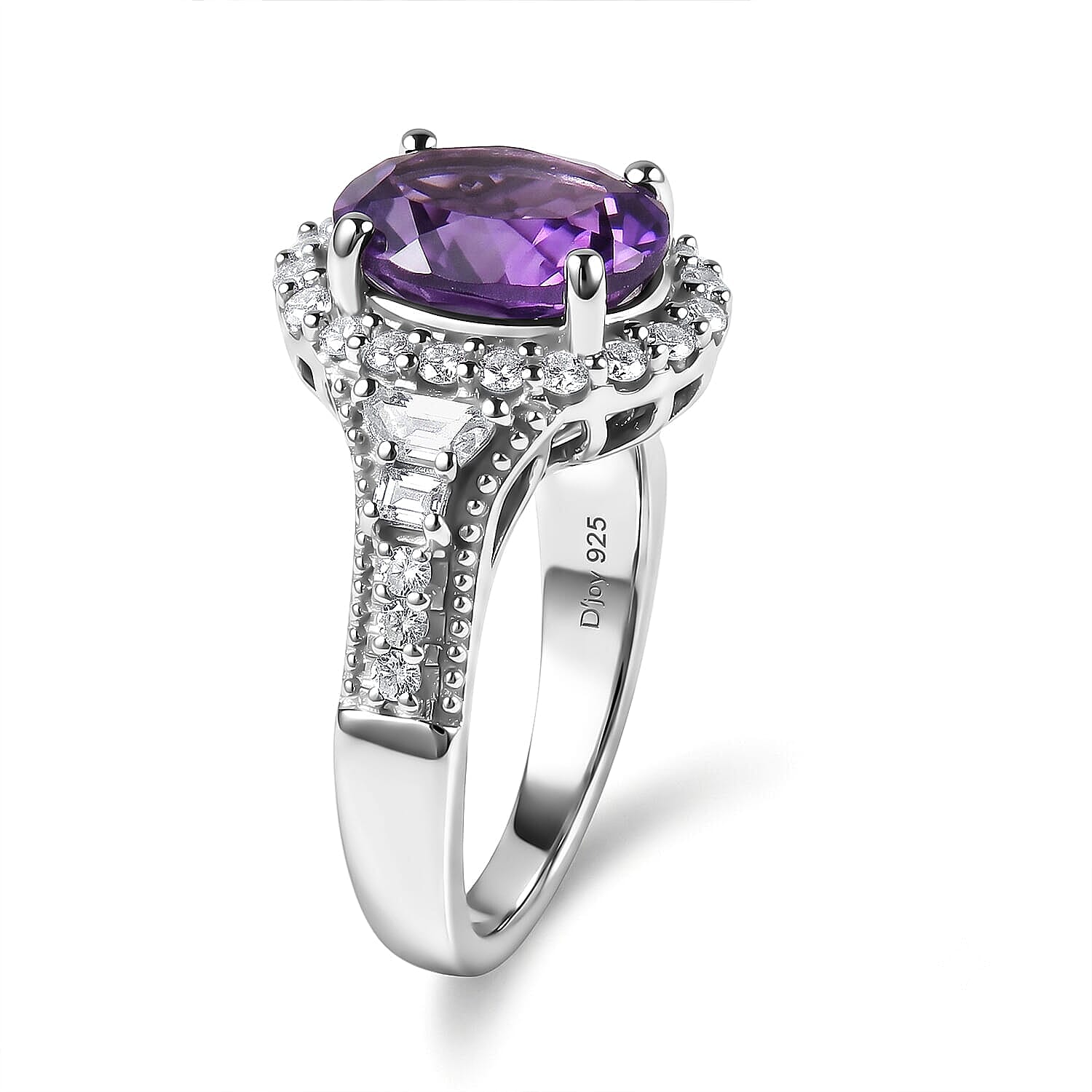 D'Joy Premium Zambian Amethyst, Moissanite Ring in Rhodium Over Sterling Silver (Size 5.0) 3.10 ctw