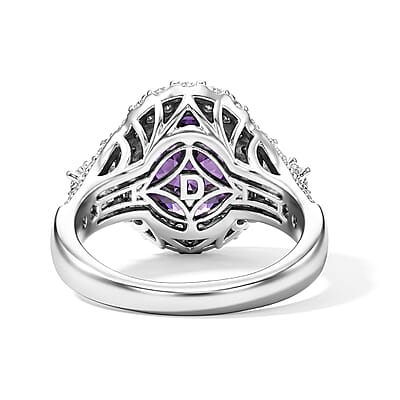 D'Joy Premium Zambian Amethyst, Moissanite Ring in Rhodium Over Sterling Silver (Size 5.0) 3.10 ctw
