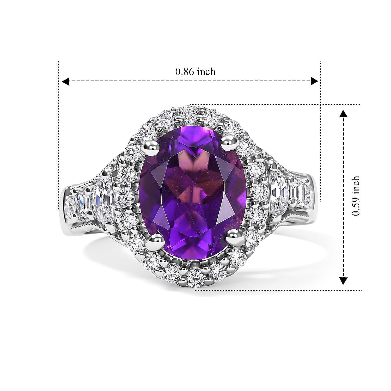 D'Joy Premium Zambian Amethyst, Moissanite Ring in Rhodium Over Sterling Silver (Size 5.0) 3.10 ctw