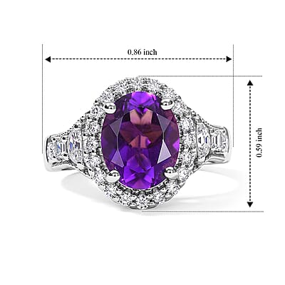 D'Joy Premium Zambian Amethyst, Moissanite Ring in Rhodium Over Sterling Silver (Size 5.0) 3.10 ctw