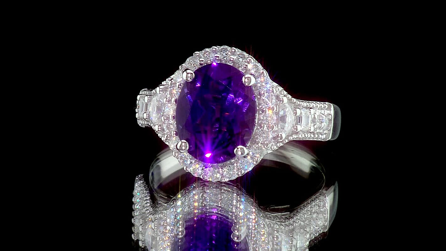 D''Joy Premium Zambian Amethyst, Moissanite Ring in Rhodium Over Sterling Silver (Size 6.0) 3.10 ctw
