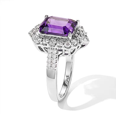 D'Joy Premium Zambian Amethyst and Moissanite 4.00 ctw Ring in Rhodium Over Sterling Silver (Size 6.0)