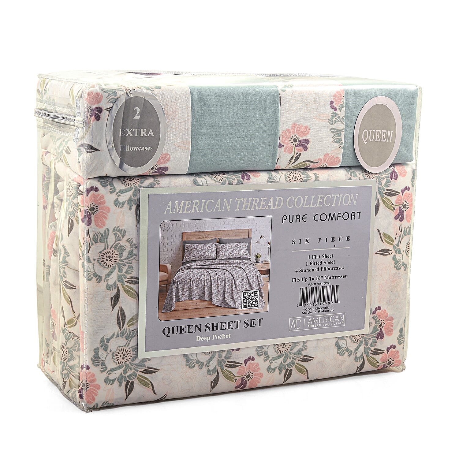 American Thread Collection 6pc Sage Floral Microfiber Sheet Set -Queen