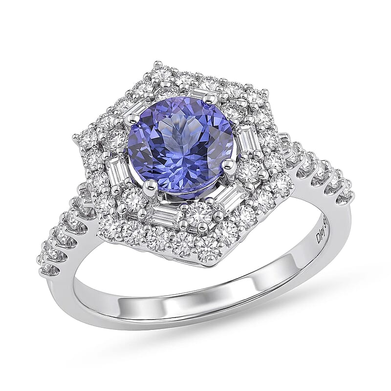 D'Joy Premium Tanzanite, Moissanite Ring in Rhodium Over Sterling Silver (Size 5.0) 2.00 ctw