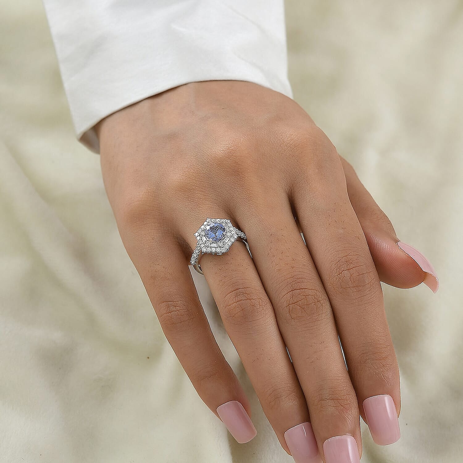 D'Joy Premium Tanzanite, Moissanite Ring in Rhodium Over Sterling Silver (Size 5.0) 2.00 ctw