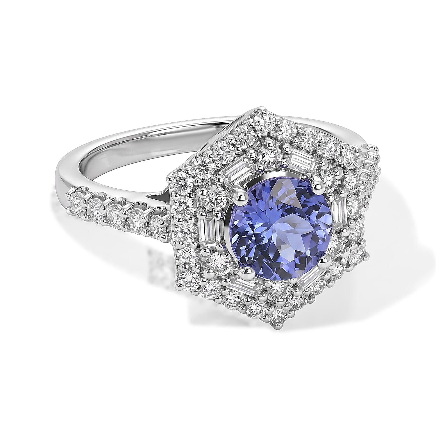 D'Joy Premium Tanzanite, Moissanite Ring in Rhodium Over Sterling Silver (Size 5.0) 2.00 ctw