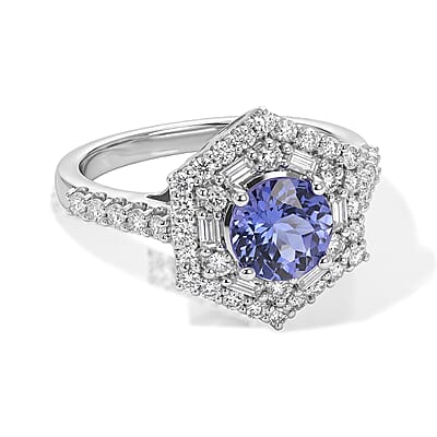 D'Joy Premium Tanzanite, Moissanite Ring in Rhodium Over Sterling Silver (Size 5.0) 2.00 ctw
