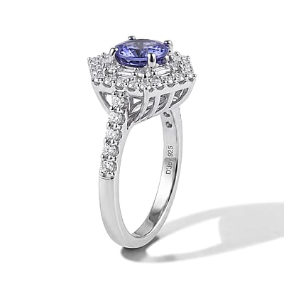 D'Joy Premium Tanzanite, Moissanite Ring in Rhodium Over Sterling Silver (Size 5.0) 2.00 ctw