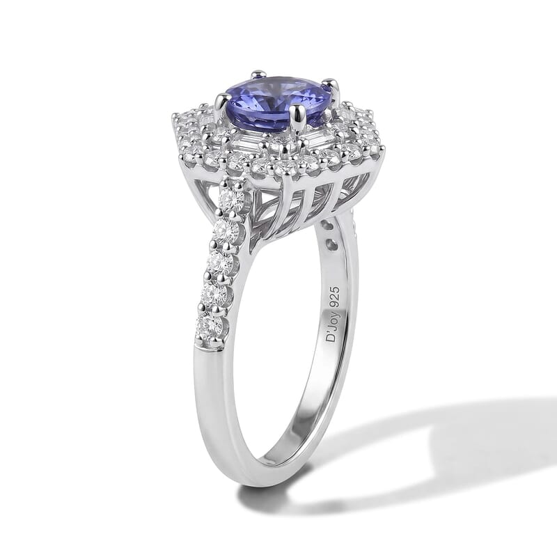 D'Joy Premium Tanzanite, Moissanite Ring in Rhodium Over Sterling Silver (Size 5.0) 2.00 ctw