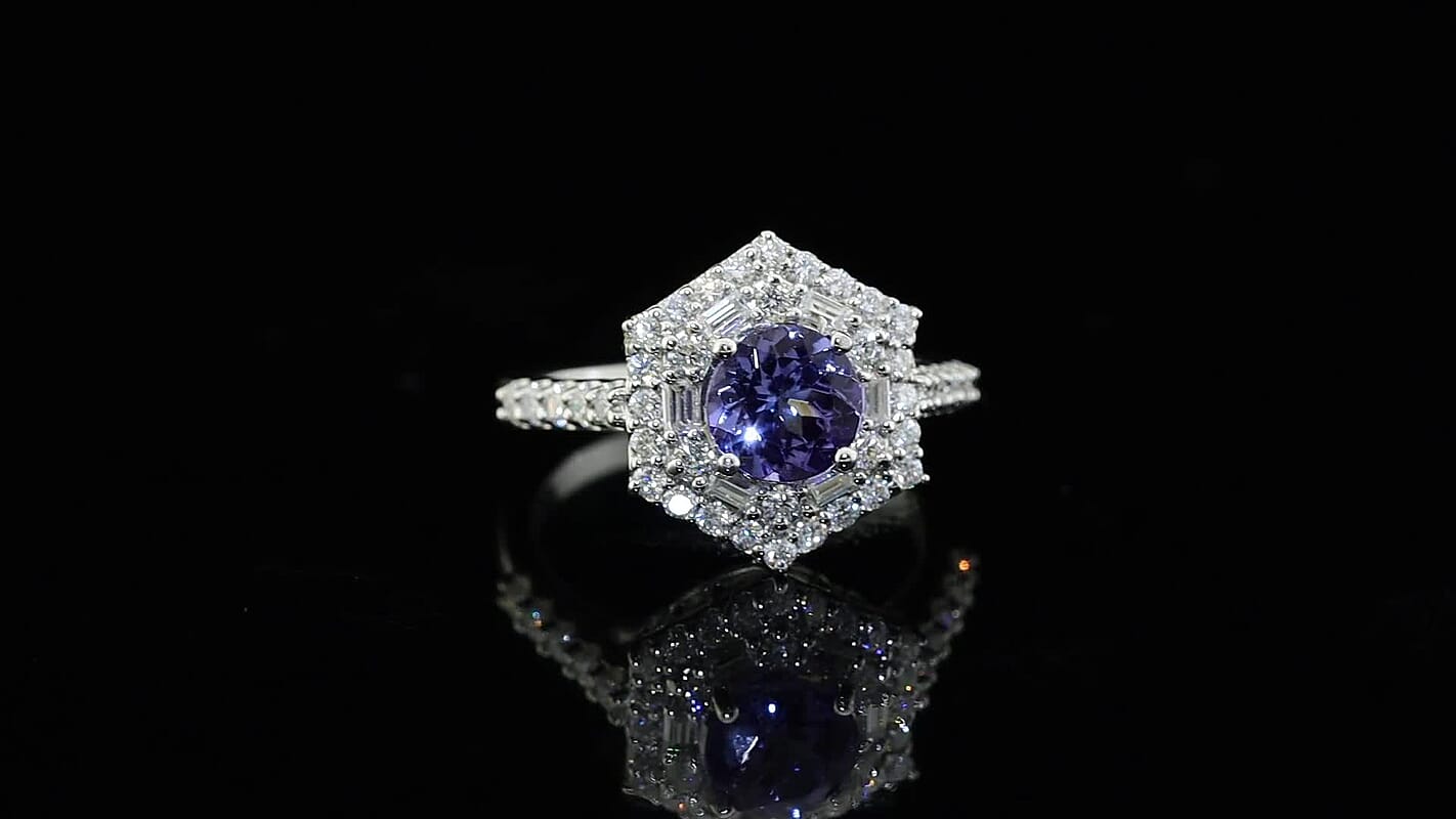 D''Joy Tanzanite  Moissanite Main Stone With Surrounding Stone Ring in Rhodium OverSterling Silver 1.93 (Size 10.0) 2.00 ctw.