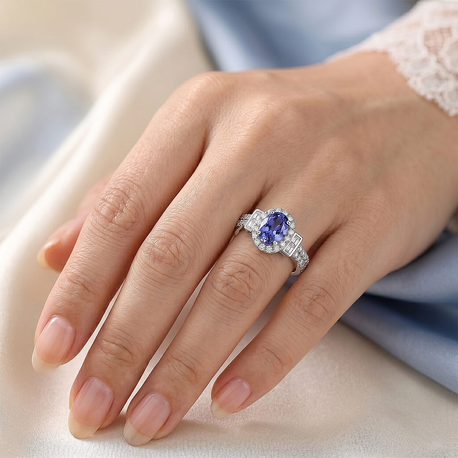 Certified and Appraised D'Joy Premium Tanzanite, Moissanite Ring in Rhodium Over Sterling Silver (Size 5.0) 1.60 ctw