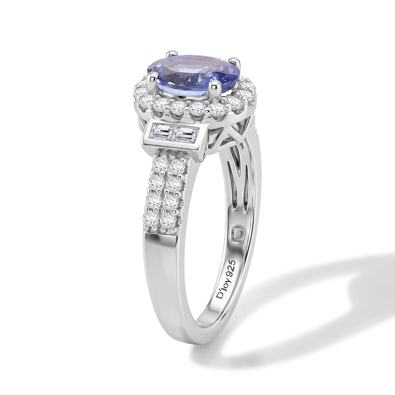 Certified and Appraised D'Joy Premium Tanzanite, Moissanite Ring in Rhodium Over Sterling Silver (Size 5.0) 1.60 ctw