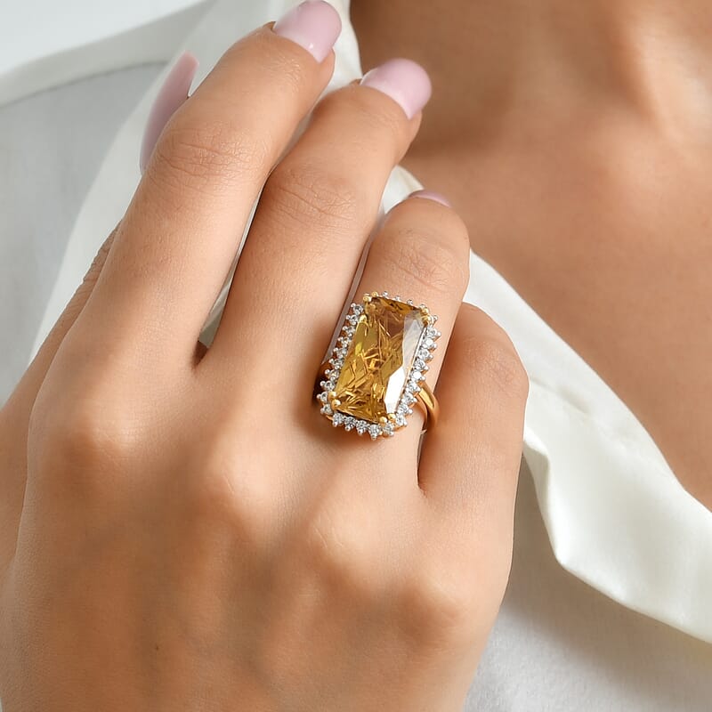 D'Joy Brazilian Citrine and White Zircon 12.65 ctw Ring in 18K Vermeil Yellow Gold Over Sterling Silver (Size 6.0)