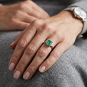 D'Joy Premium Kagem Zambian Emerald and Moissanite 1.10 ctw Ring in Rhodium Over Sterling Silver (Size 10.0)