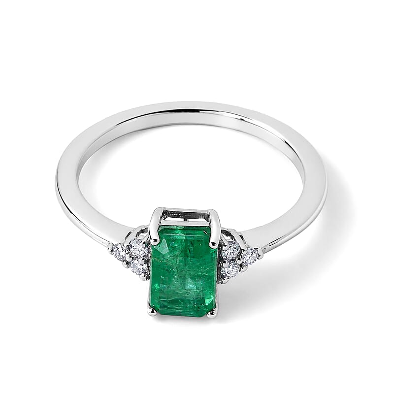D'Joy Premium Kagem Zambian Emerald and Moissanite 1.10 ctw Royal Ring in Rhodium Over Sterling Silver (Size 5.0)