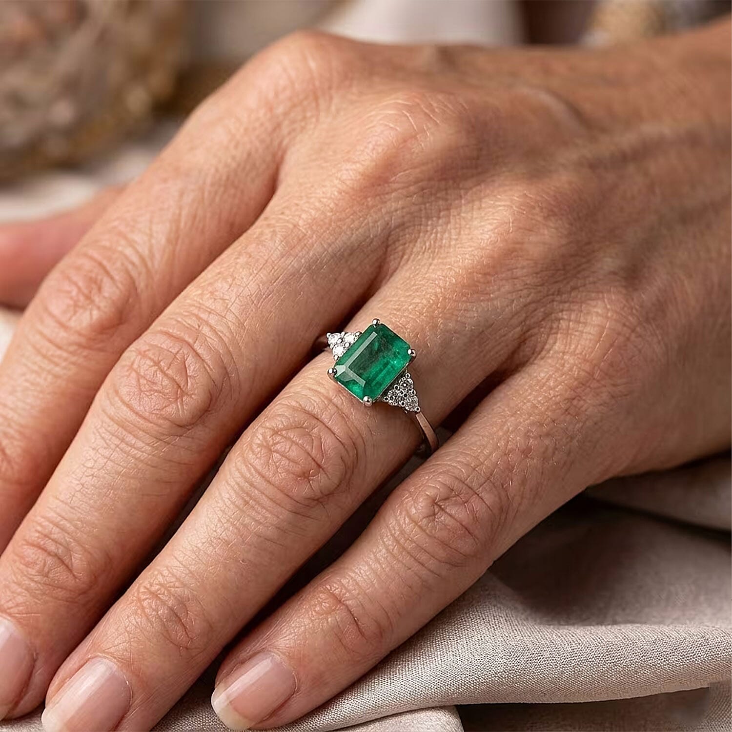 D'Joy Premium Kagem Zambian Emerald, Moissanite Ring in Rhodium Over Sterling Silver (Size 10.0) 1.10 ctw