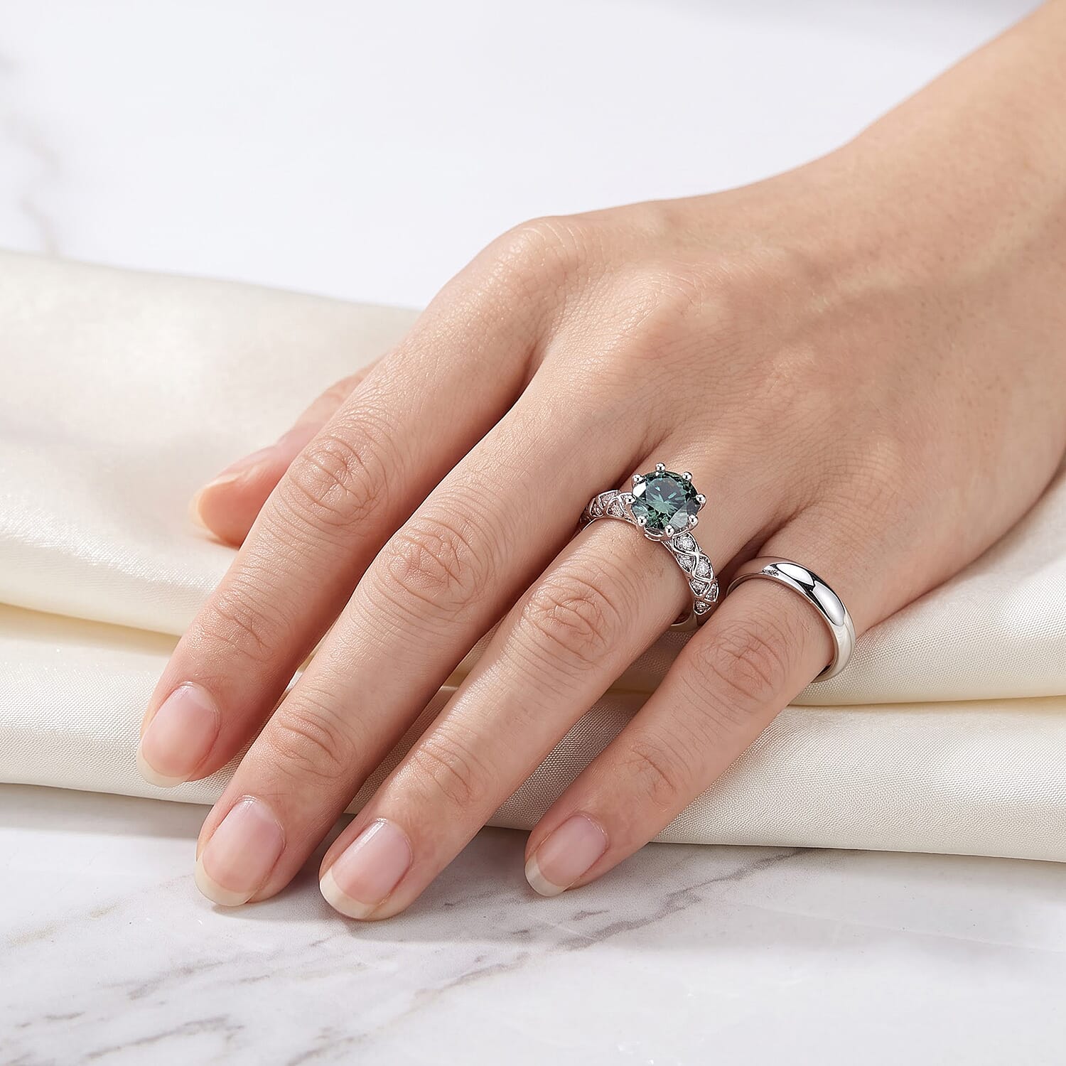 EverTrue Green and White Moissanite 1.80 ctw Ring in Platinum Bond (Size 10.0)