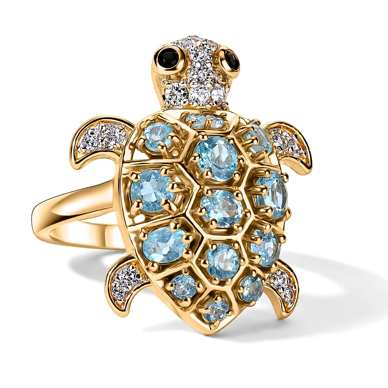 D'Joy Premium Batroke Blue Apatite and Multi Gemstone 2.10 ctw Guardian Turtle Ring in 18K Vermeil Yellow Gold Over Sterling Silver (Size 6.0)