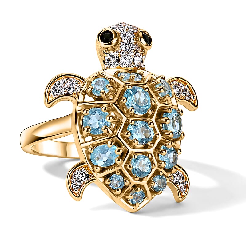 D'Joy Premium Betroka Blue Apatite and Multi Gemstone 2.10 ctw Guardian Turtle Ring in 18K Vermeil Yellow Gold Over Sterling Silver (Size 6.0)