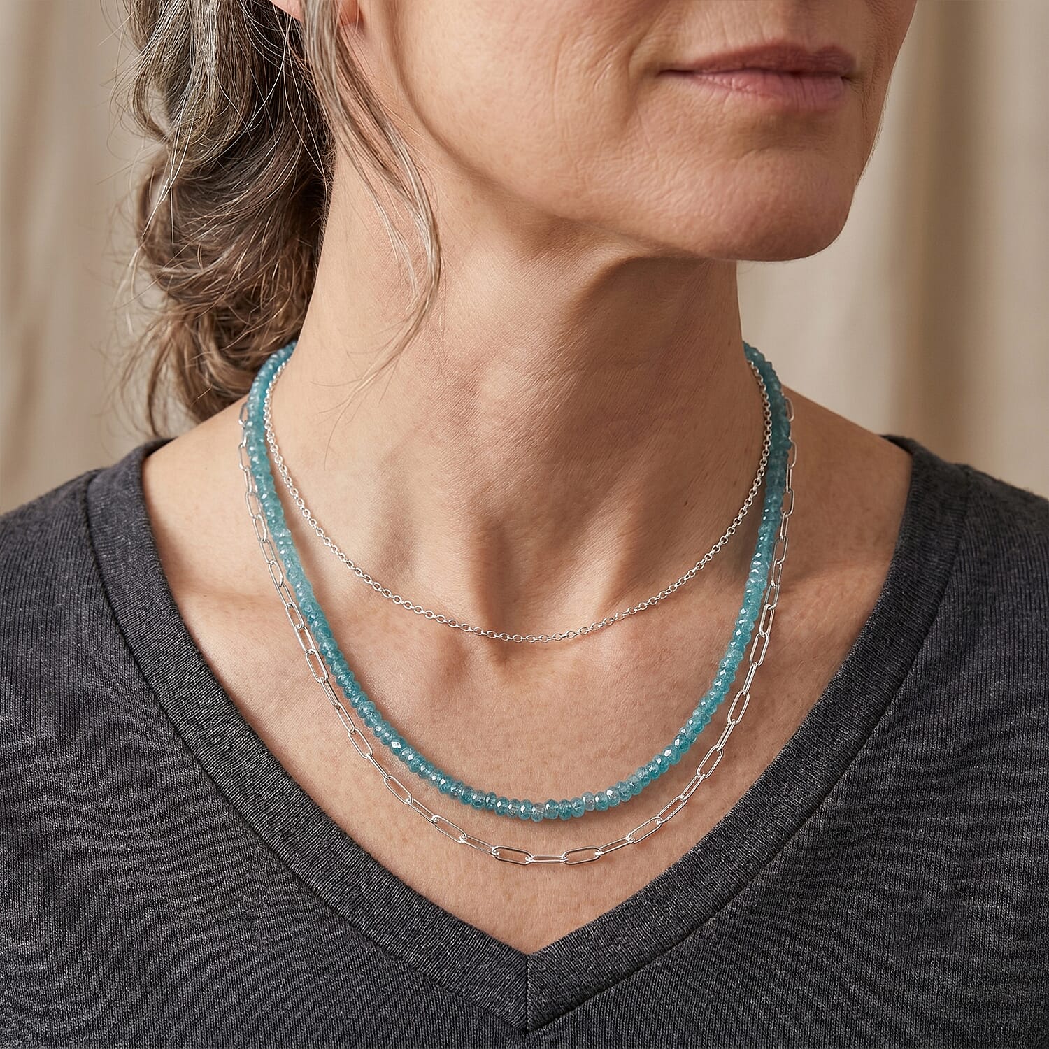 D'Joy Premium Betroka Blue Apatite 75.00 ctw Beaded Necklace in Rhodium Over Sterling Silver