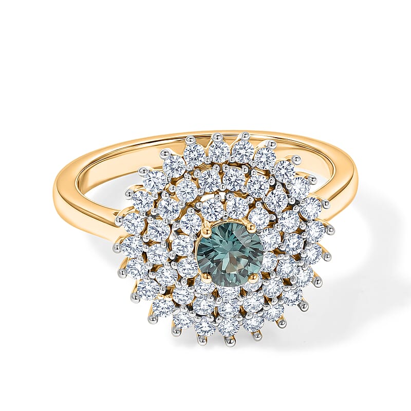 D'Joy Montana Sapphire and Moissanite 1.00 ctw Sunburst Majesty Ring in 18K Vermeil Yellow Gold Over Sterling Silver (Size 10.0)