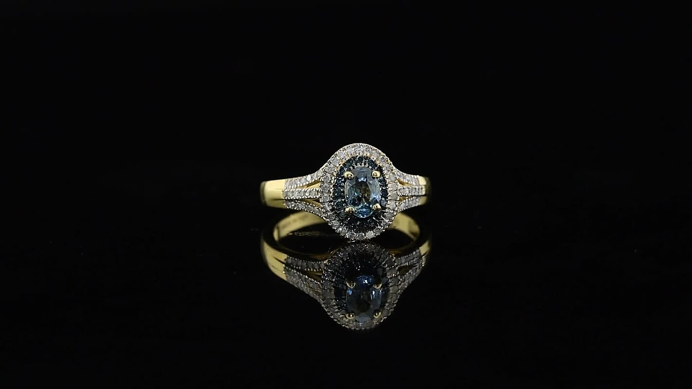 D''Joy Montana Sapphire, Blue and White Diamond Ring in 18K Vermeil YG Over Sterling Silver (Size 7.0) 1.10 ctw