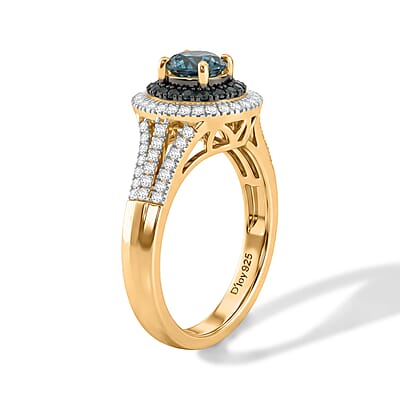 D'Joy Montana Sapphire, Blue and White Diamond 1.10 ctw Ring in 18K Vermeil Yellow Gold Over Sterling Silver (Size 7.0)